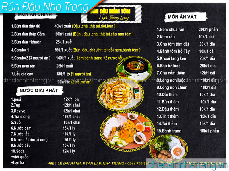 Bún đậu 1 góc Thăng Long Nha Trang menu